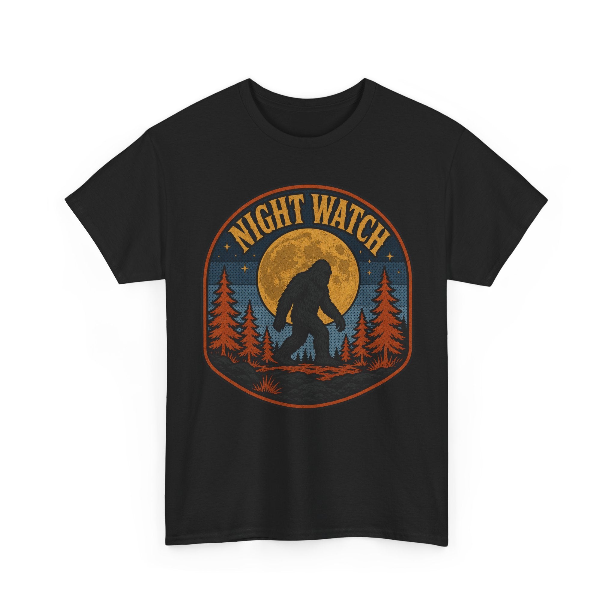 Sasquatch Night Watch T-Shirt – Retro Bigfoot Full Moon Badge Graphic Tee
