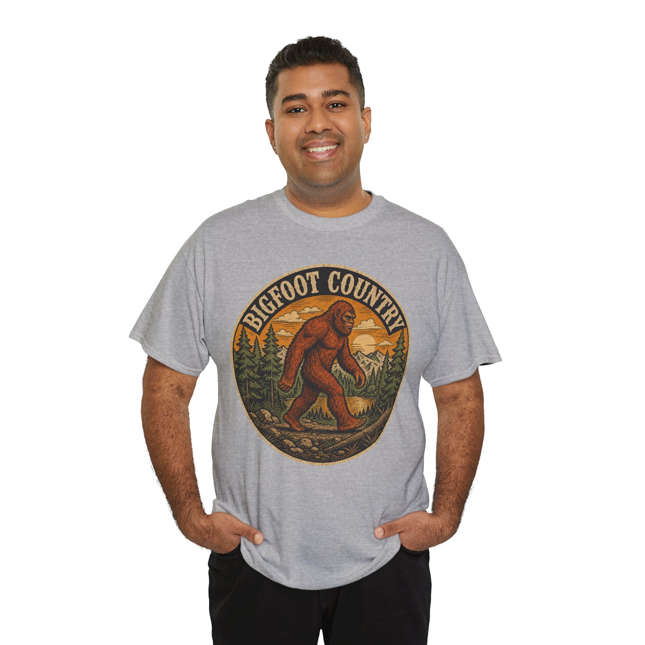 Bigfoot Country Vintage T-Shirt – Retro Sasquatch Forest Sunset Graphic Tee