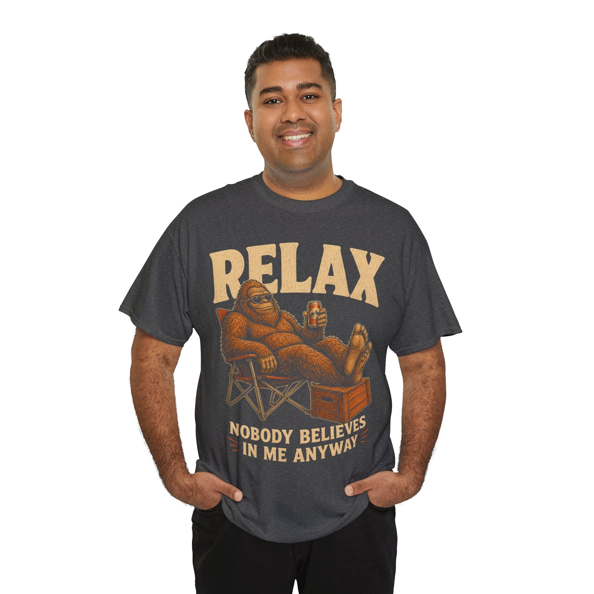 Funny Bigfoot Camp Chair T-Shirt – Relax Nobody Believes In Me Tee