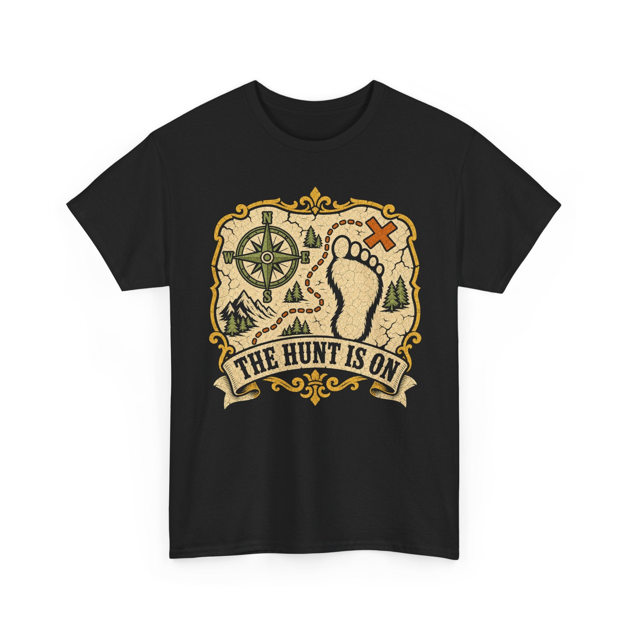 The Hunt Is On T-Shirt – Vintage Bigfoot Footprint Treasure Map Graphic Tee