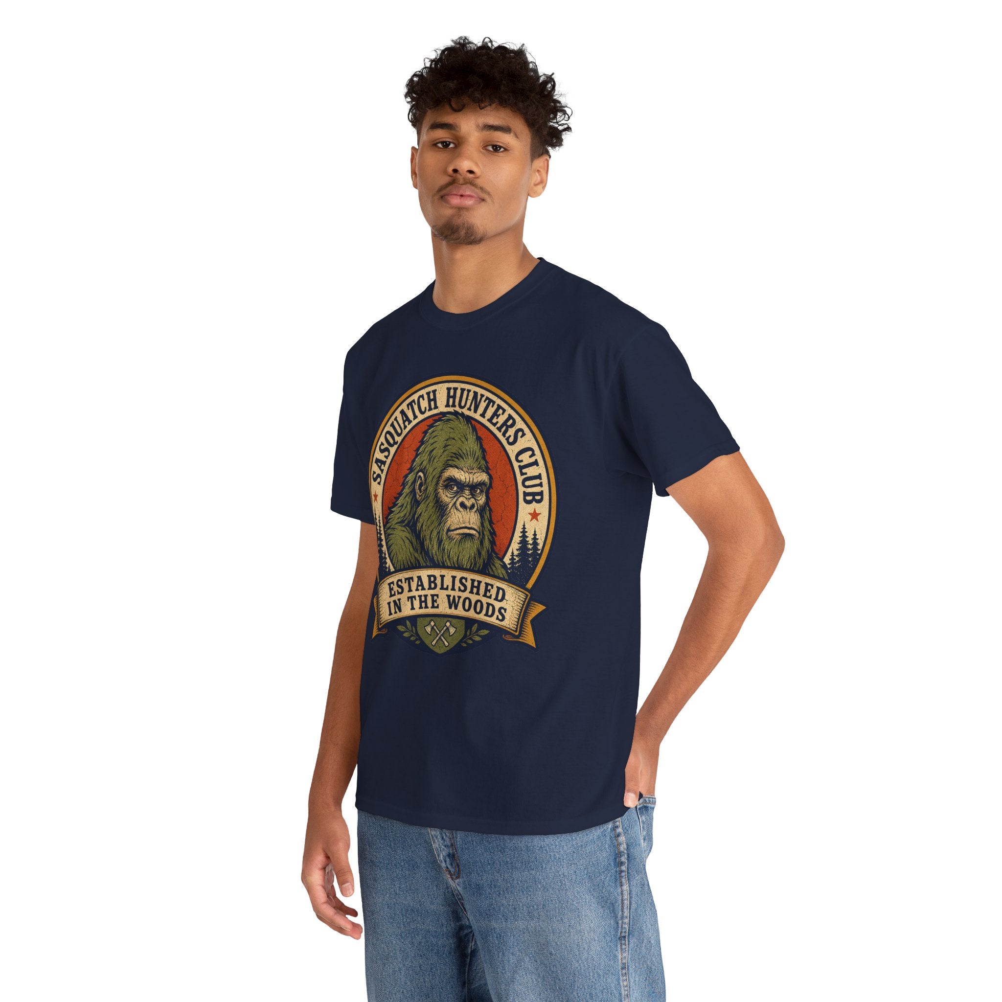 Sasquatch Hunters Club T-Shirt – Retro Bigfoot Emblem Badge Graphic Tee
