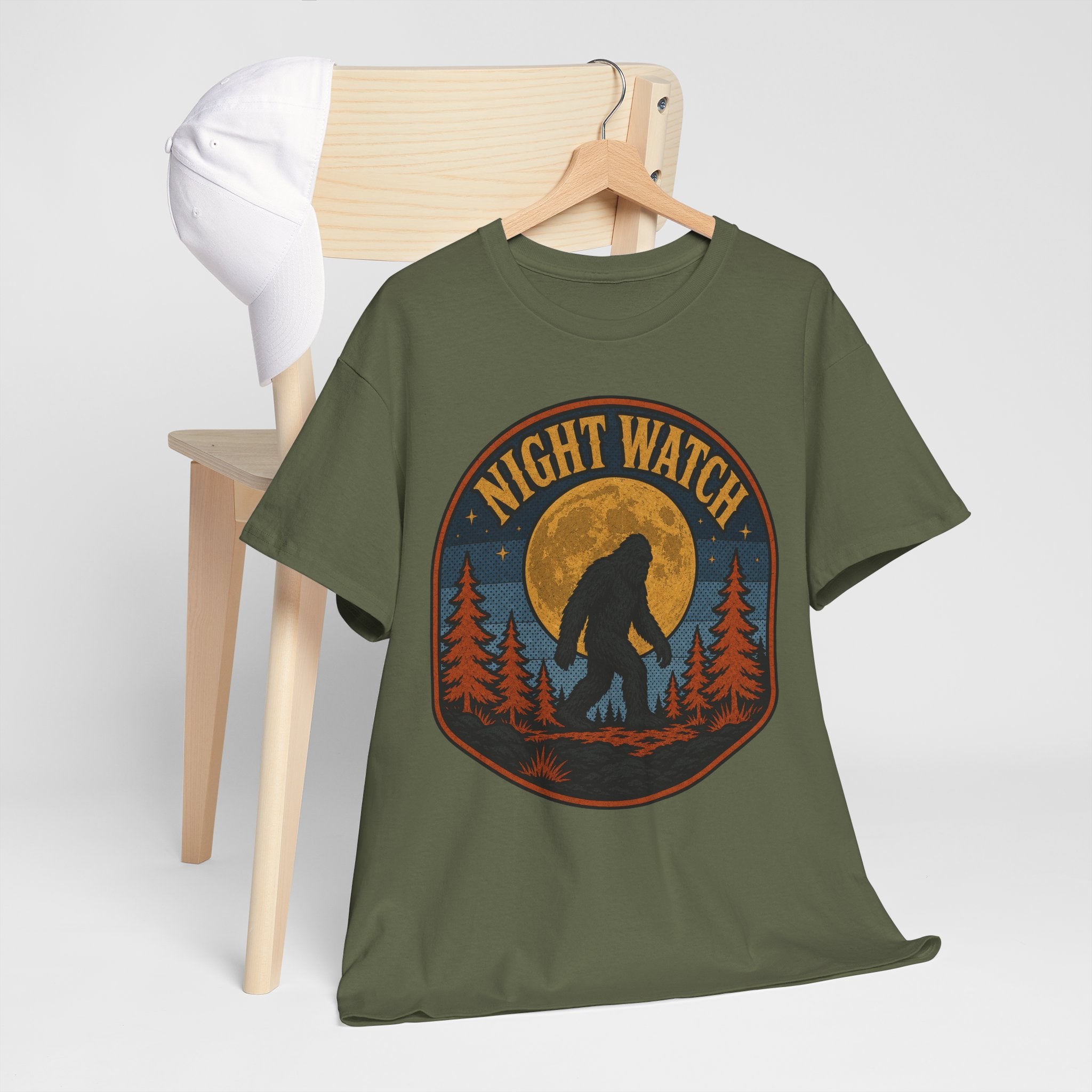 Sasquatch Night Watch T-Shirt – Retro Bigfoot Full Moon Badge Graphic Tee