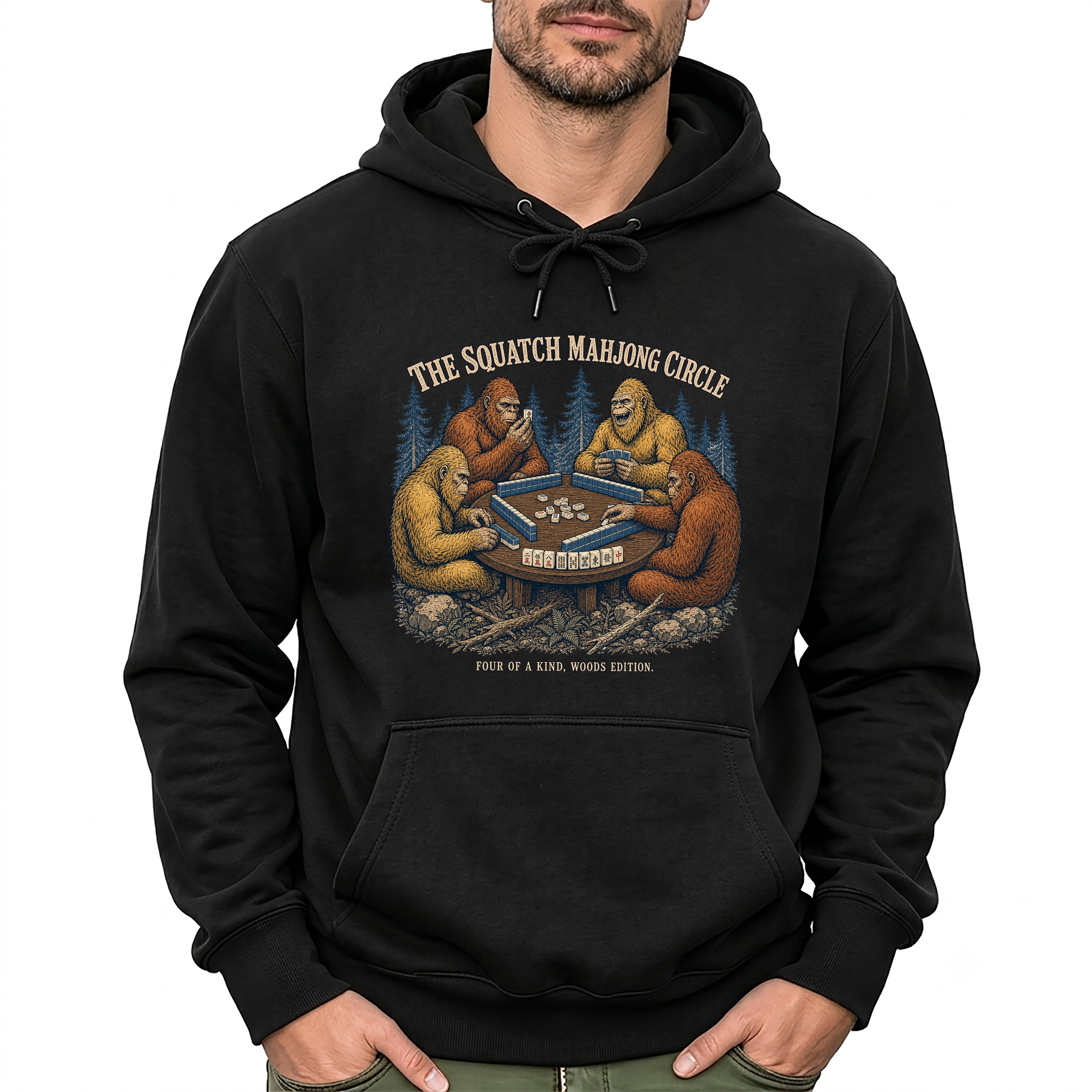 The Squatch Mahjong Circle - Four Bigfoot Forest Hoodie