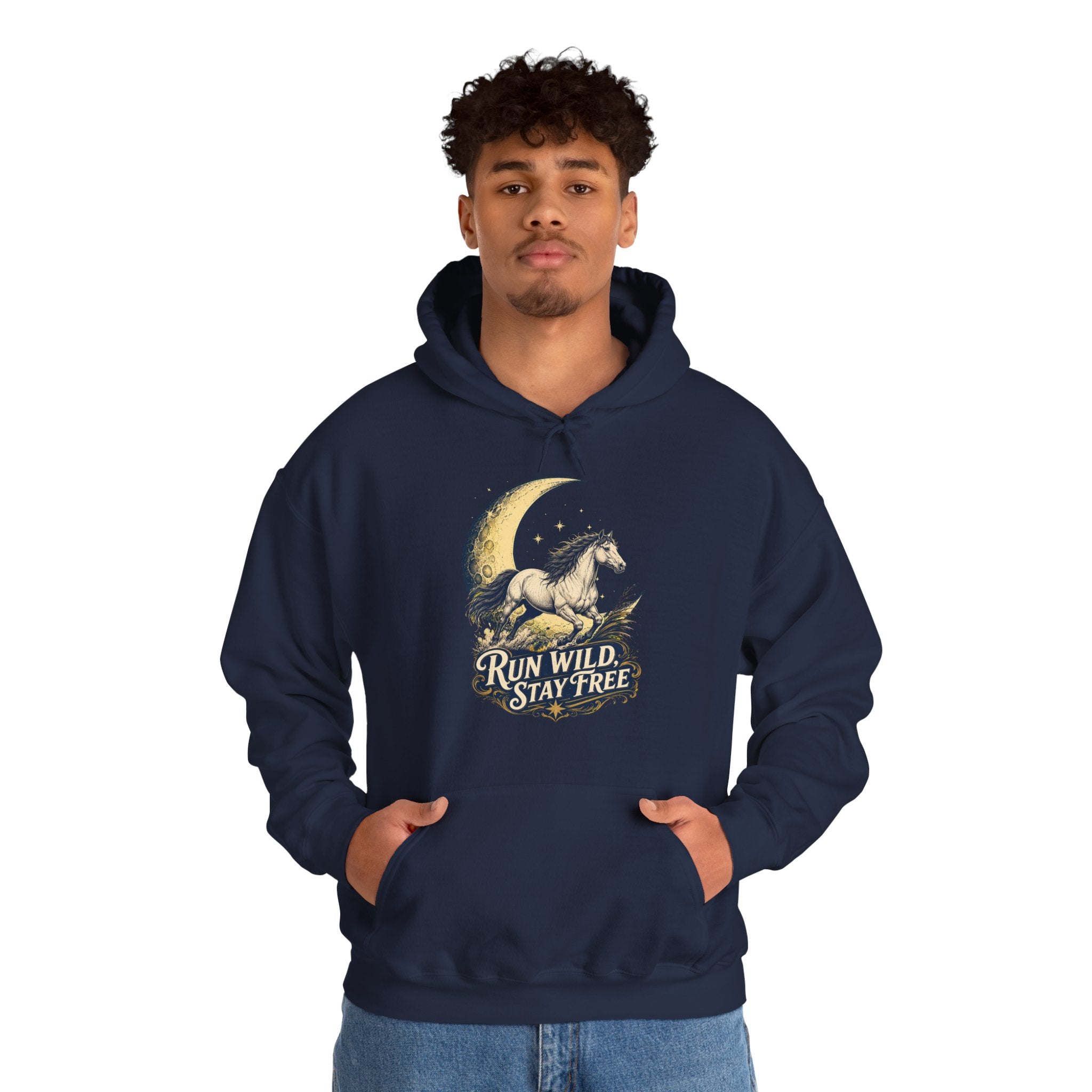 Run Wild Stay Free Mustang Moon Hoodie, Minimalist Western Horse Pullover Sweatshirt, Unisex Fleece Hoodie