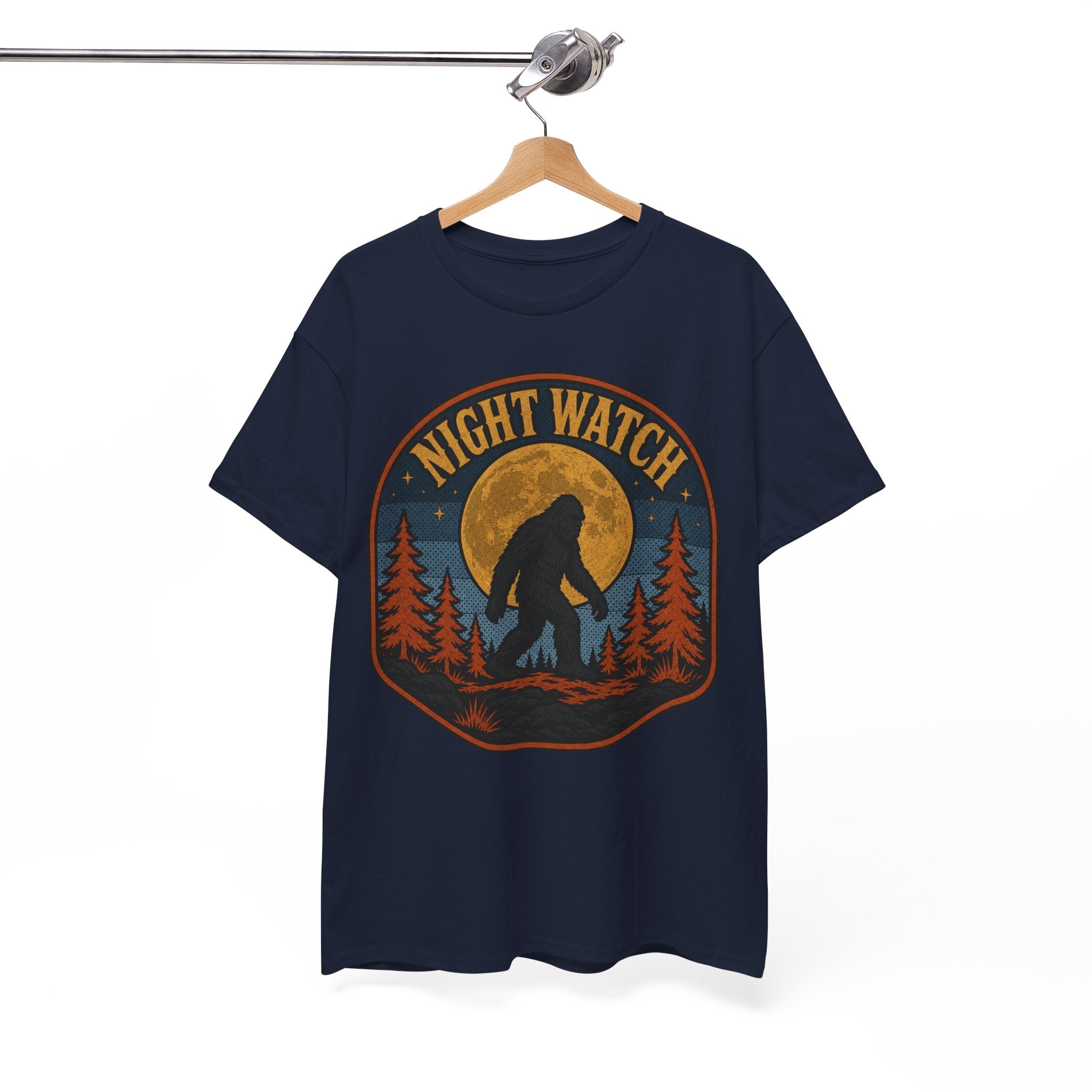 Sasquatch Night Watch T-Shirt – Retro Bigfoot Full Moon Badge Graphic Tee