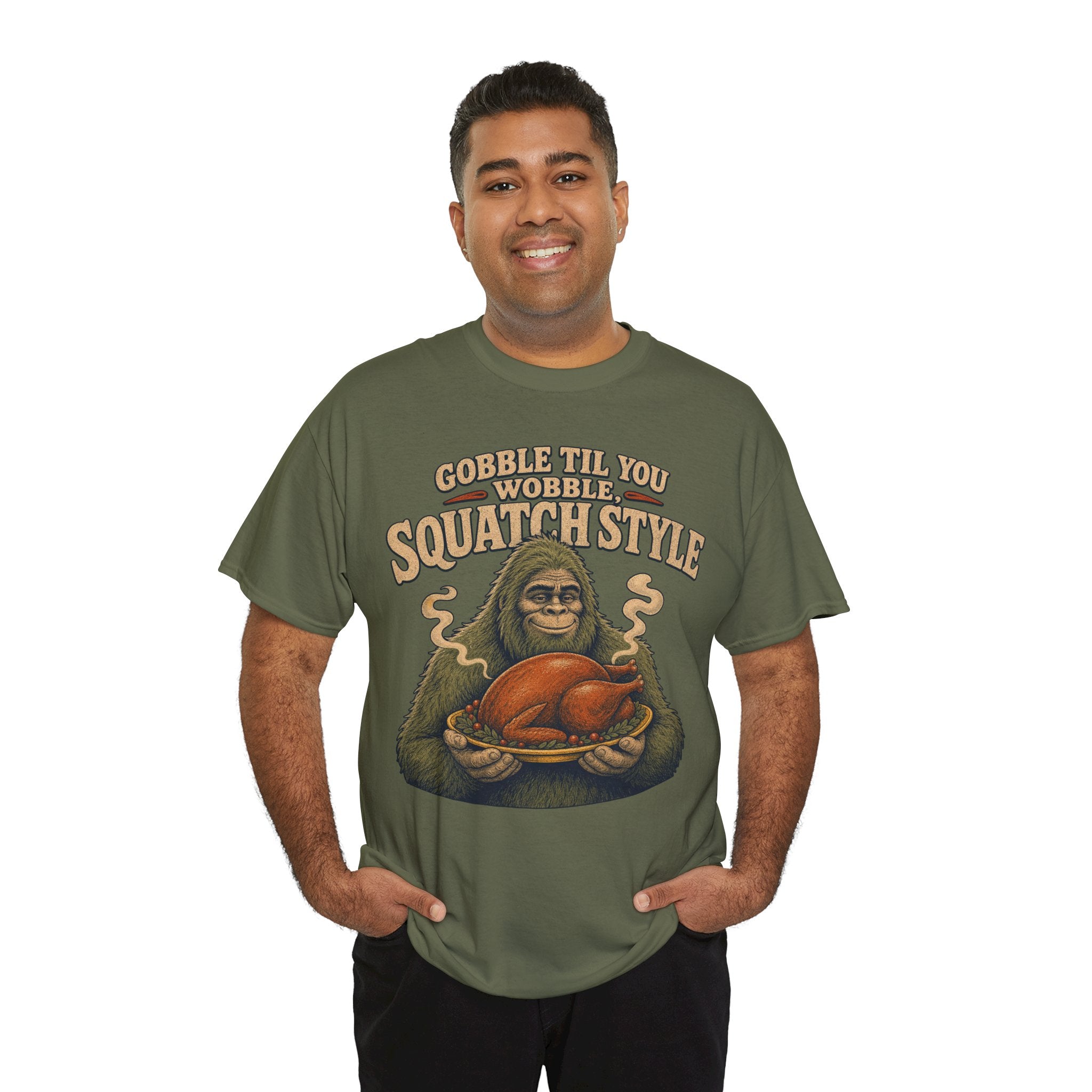 Funny Bigfoot Thanksgiving T-Shirt – Gobble Til You Wobble Graphic Tee
