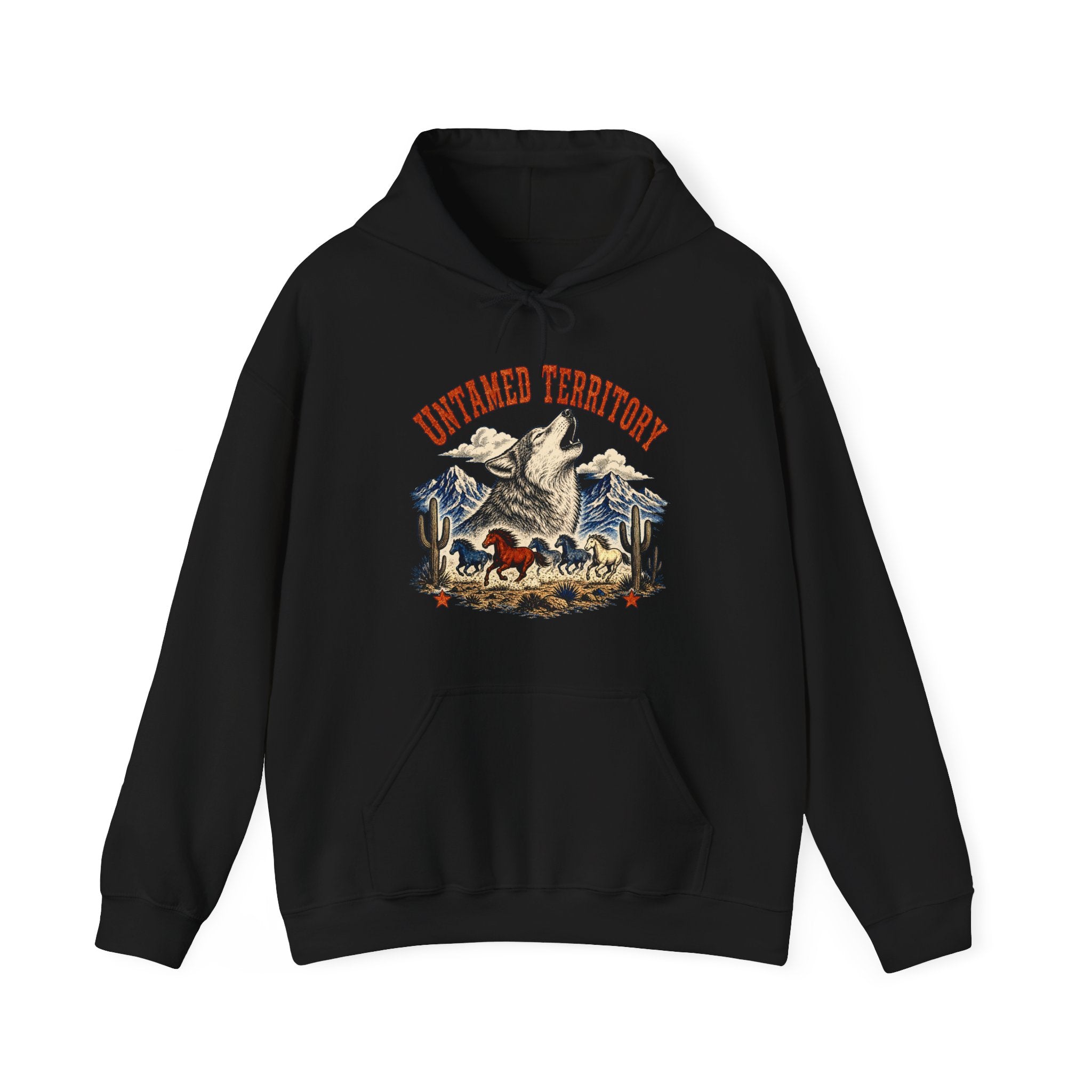 Untamed Territory Wolf Badge Hoodie, Western Frontier Wildlife Pullover Sweatshirt, Unisex Fleece Hoodie