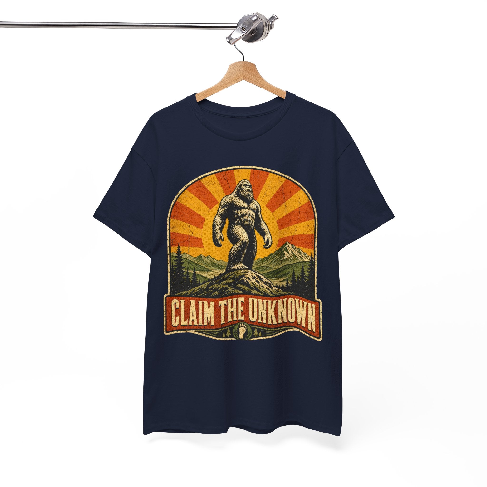 Claim The Unknown T-Shirt – Retro Bigfoot Sunburst Travel Poster Tee