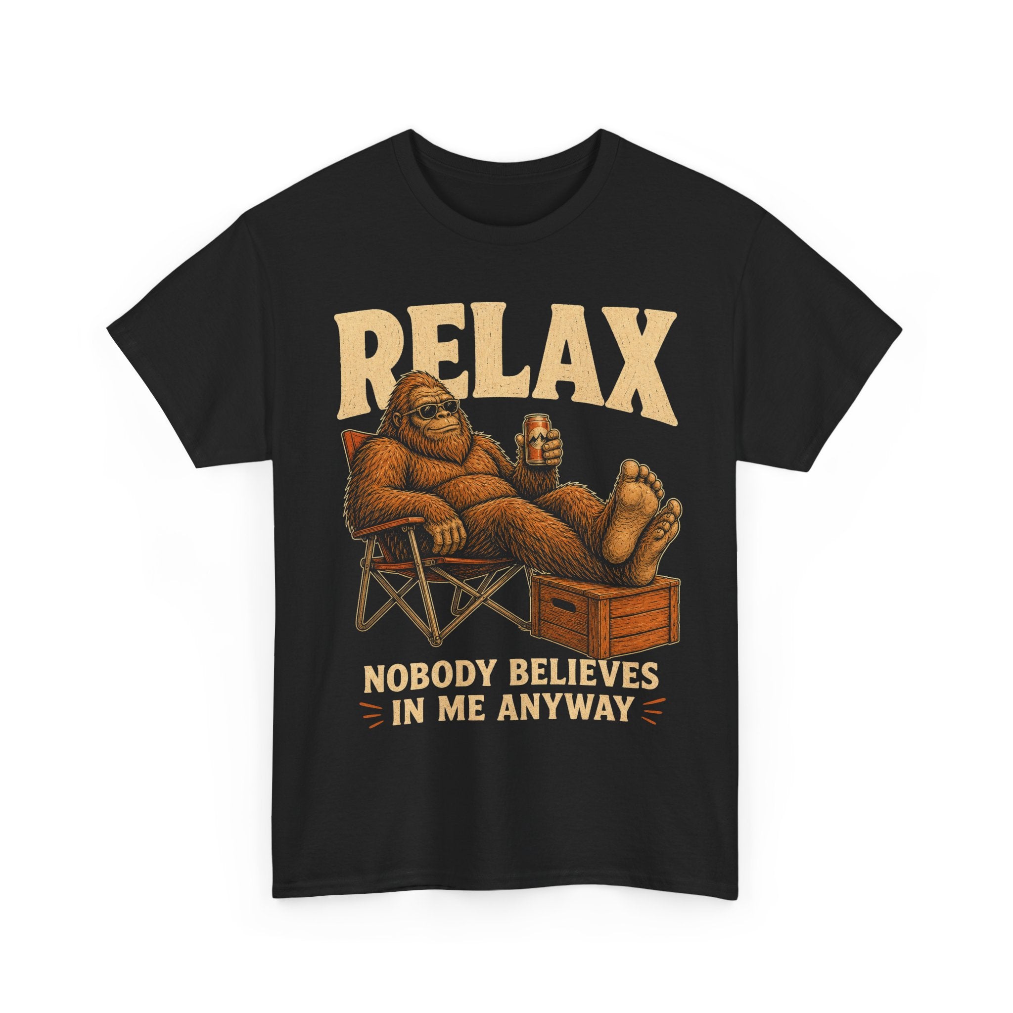 Funny Bigfoot Camp Chair T-Shirt – Relax Nobody Believes In Me Tee