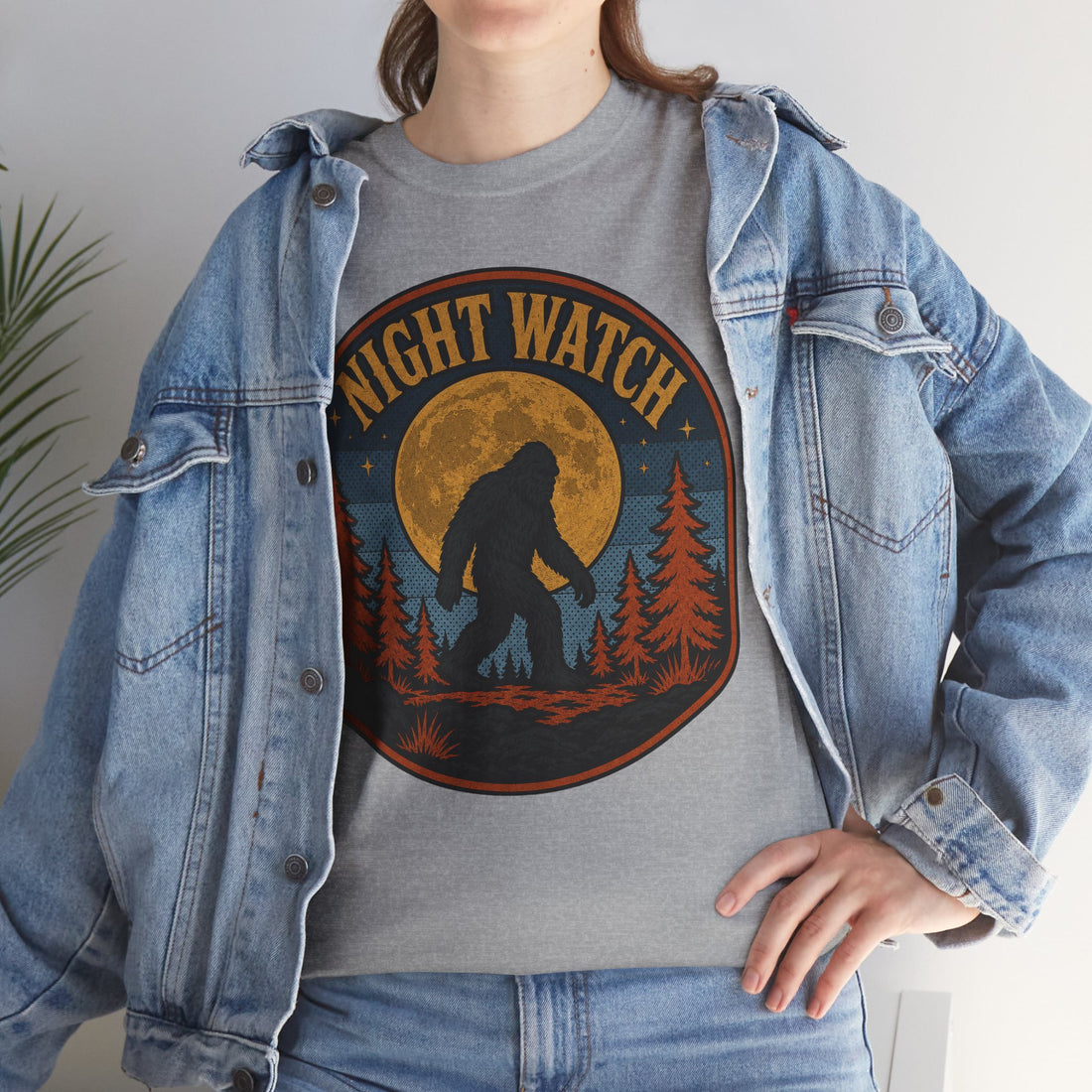 Sasquatch Night Watch T-Shirt – Retro Bigfoot Full Moon Badge Graphic Tee