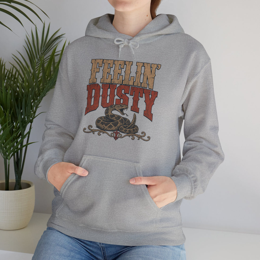 Feelin Dusty Rattlesnake Hoodie, Bold Western Grunge Typography Pullover Sweatshirt, Unisex Fleece Hoodie