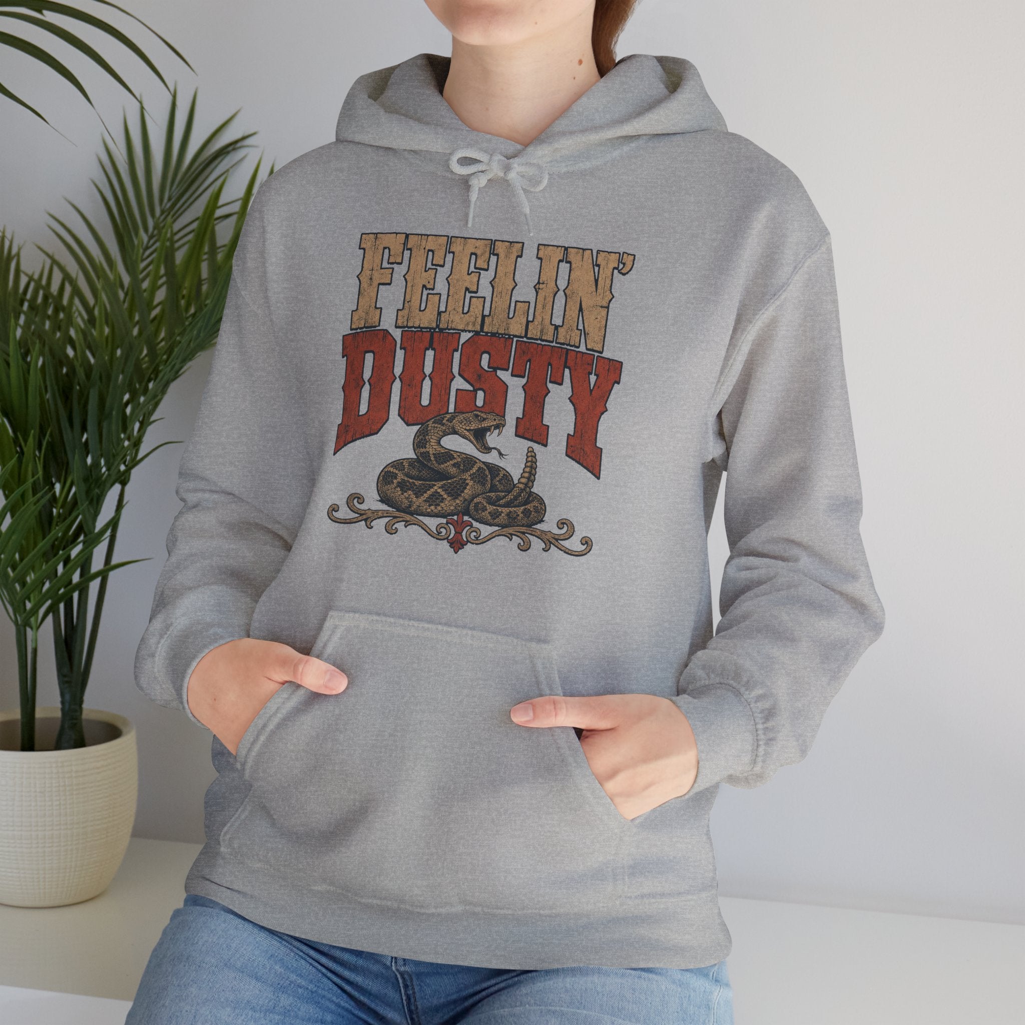 Feelin Dusty Rattlesnake Hoodie, Bold Western Grunge Typography Pullover Sweatshirt, Unisex Fleece Hoodie