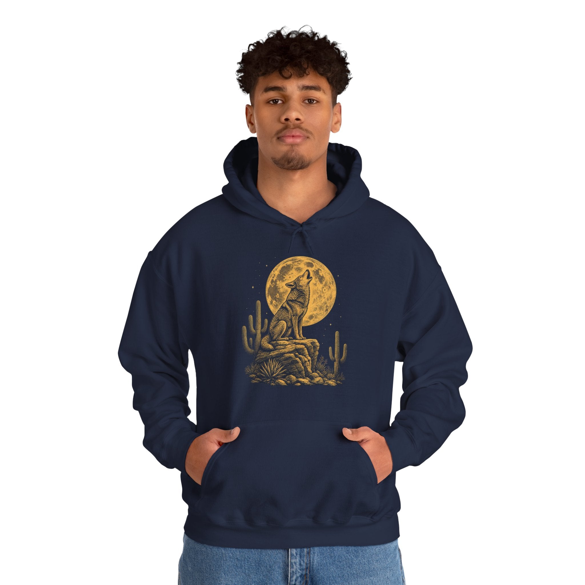 Howling Coyote Moon Hoodie, Vintage Western Desert Night Graphic Pullover Sweatshirt, Unisex Fleece Hoodie