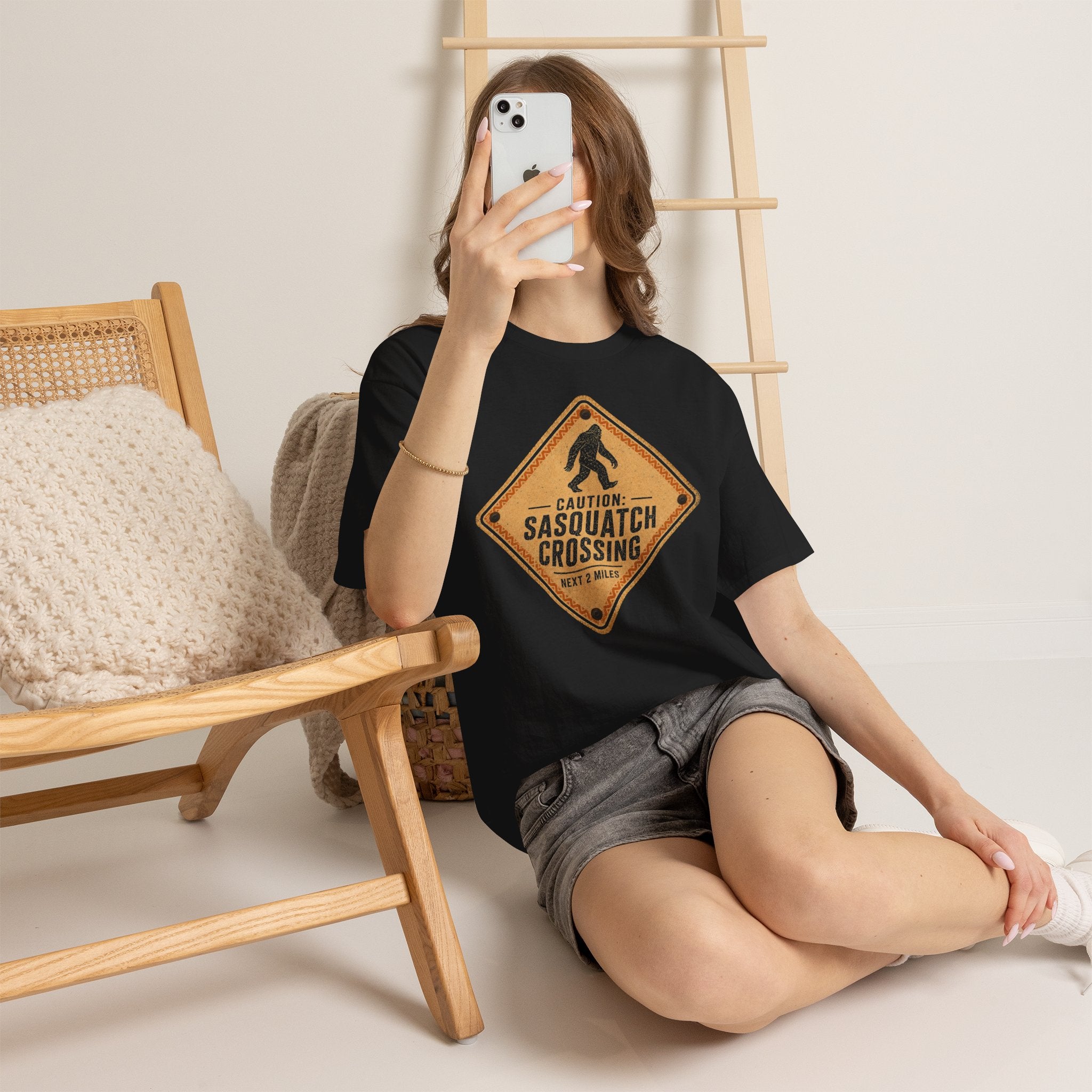 Sasquatch Crossing T-Shirt – Funny Retro Road Sign Bigfoot Graphic Tee