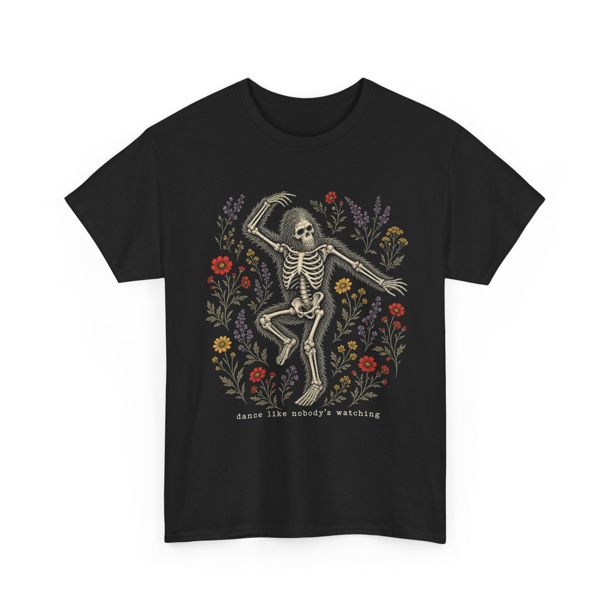 Dancing Bigfoot Skeleton T-Shirt – Whimsical Wildflower Graphic Tee