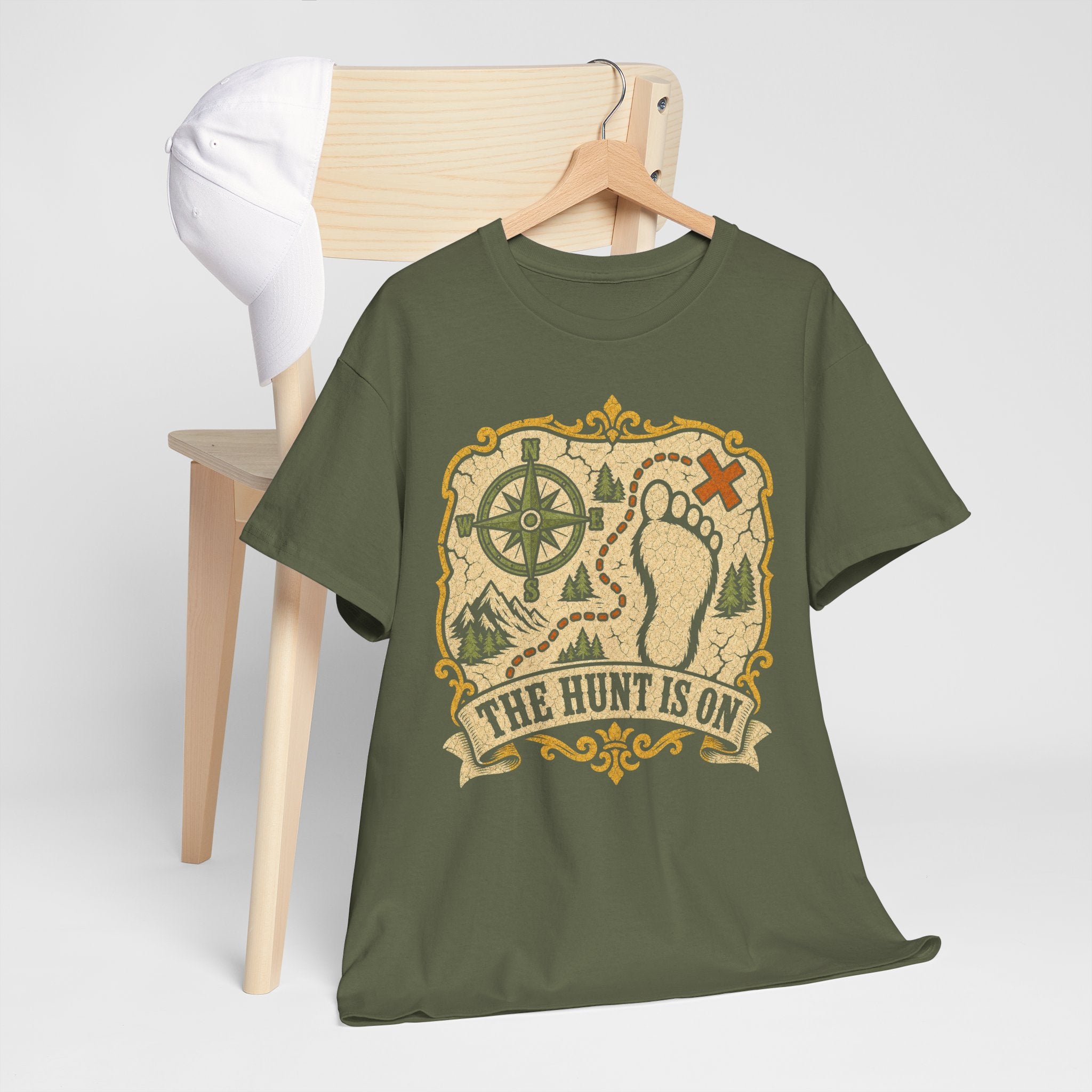 The Hunt Is On T-Shirt – Vintage Bigfoot Footprint Treasure Map Graphic Tee
