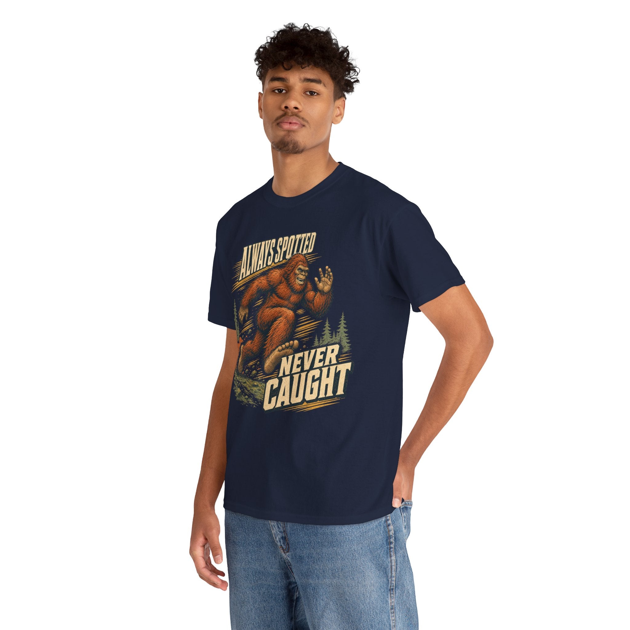 Funny Bigfoot Running T-Shirt – Always Spotted Never Caught Trail Graphic Tee