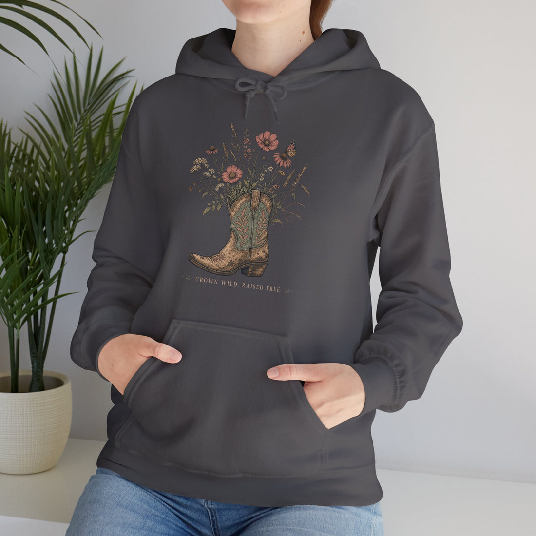 Grown Wild Cowboy Boot Wildflower Hoodie, Botanical Western Pullover Sweatshirt, Cowgirl Fleece Hoodie