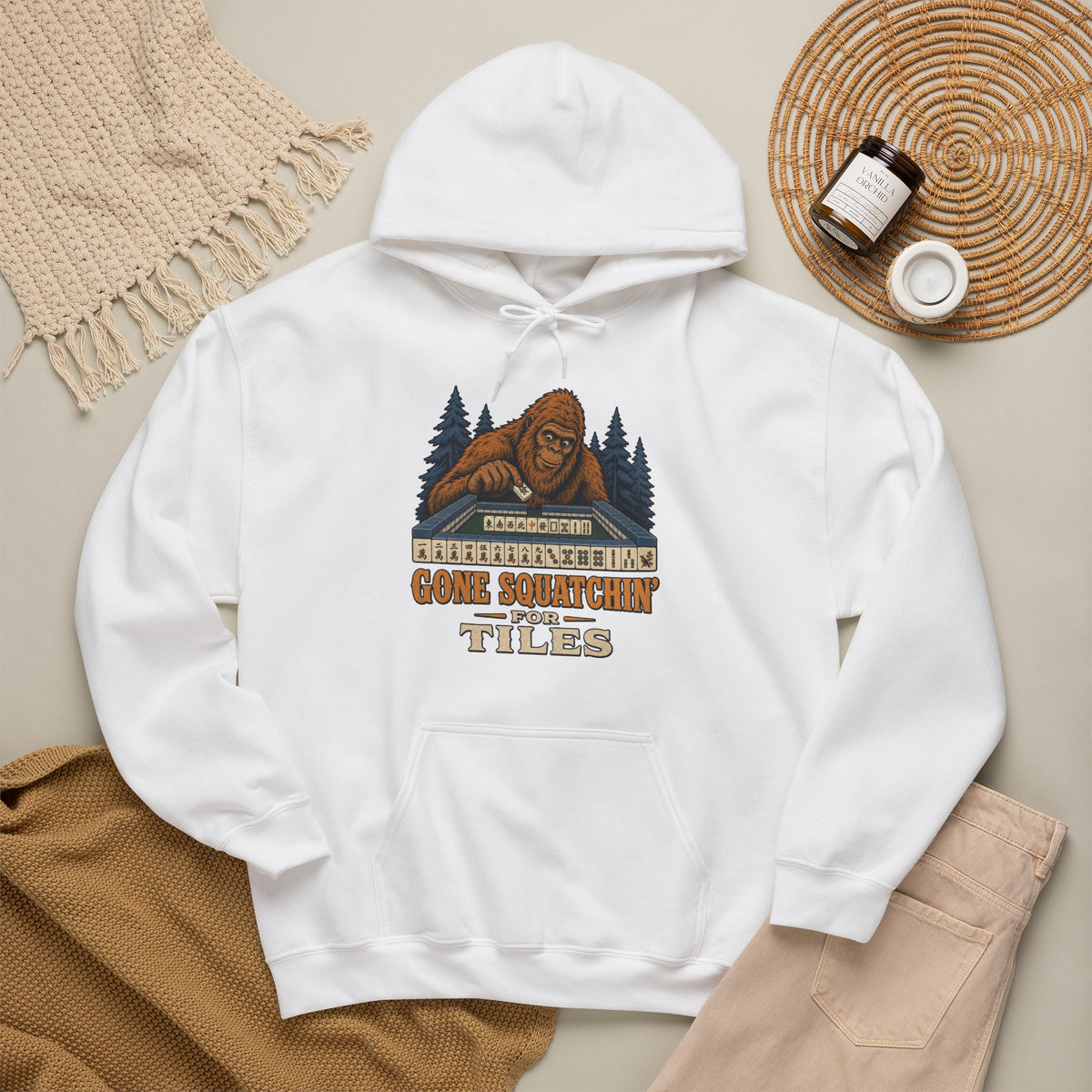 Gone Squatchin' For Tiles - Retro Bigfoot Mahjong Hoodie
