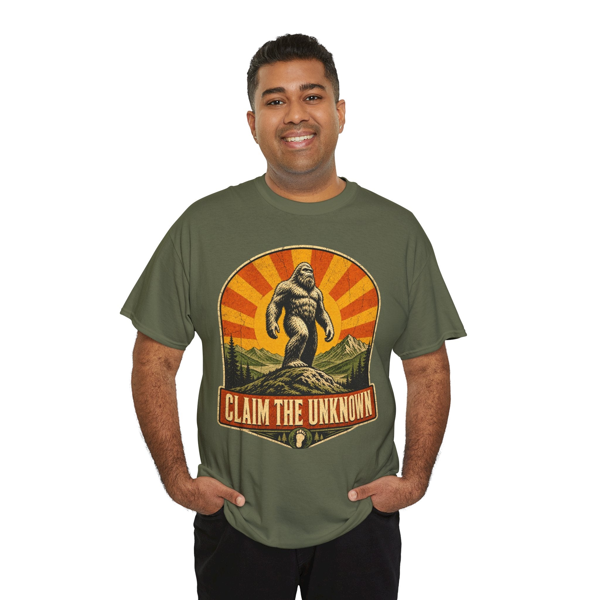 Claim The Unknown T-Shirt – Retro Bigfoot Sunburst Travel Poster Tee